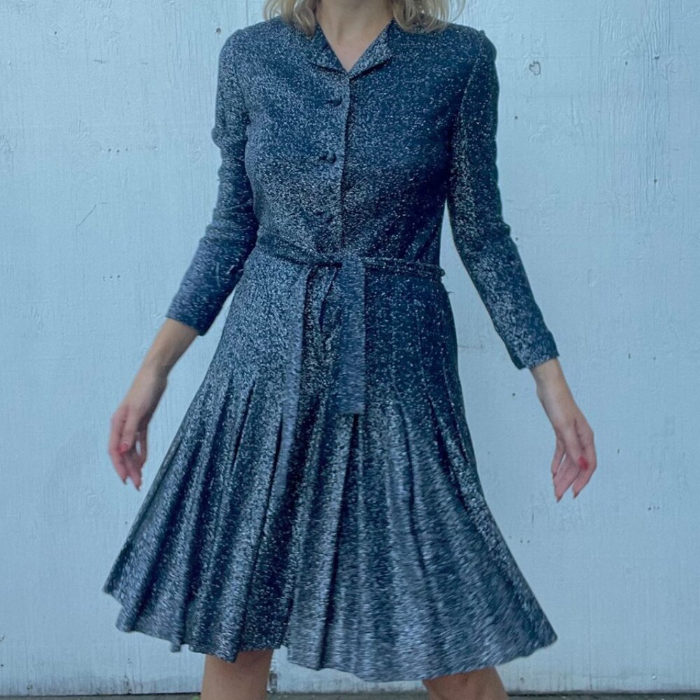 VTG Tricot D'or Montreal 70s Blue Chevron Pleated Dress Canadian Heritage